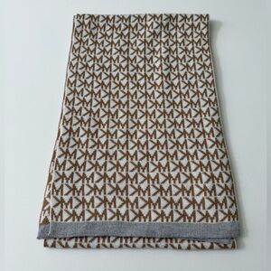 Michael Kors Logo Printed winter scarf Cream and Tan pattern gray trim.